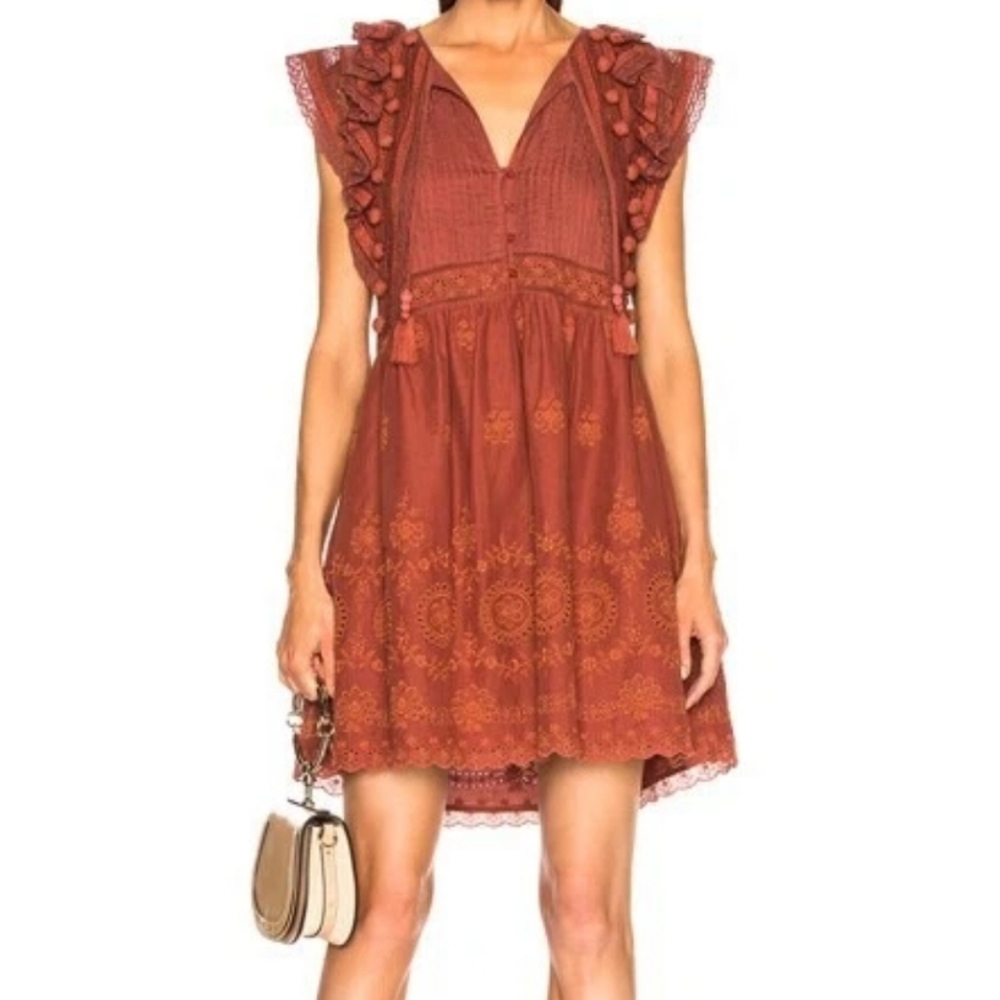 Sea NY Sophie Lace Pom Pom Ruffle Embroidered Dress in Clay Size 12